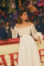 Robe de mariée en mousseline créponnée, à manches bouffantes