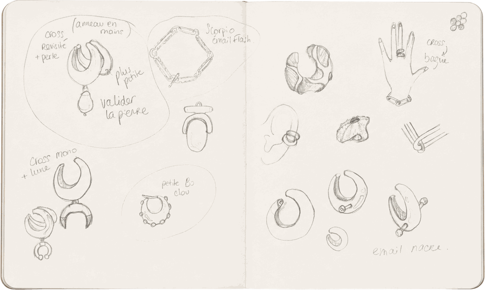 Carnet ouvert, croquis de bijoux